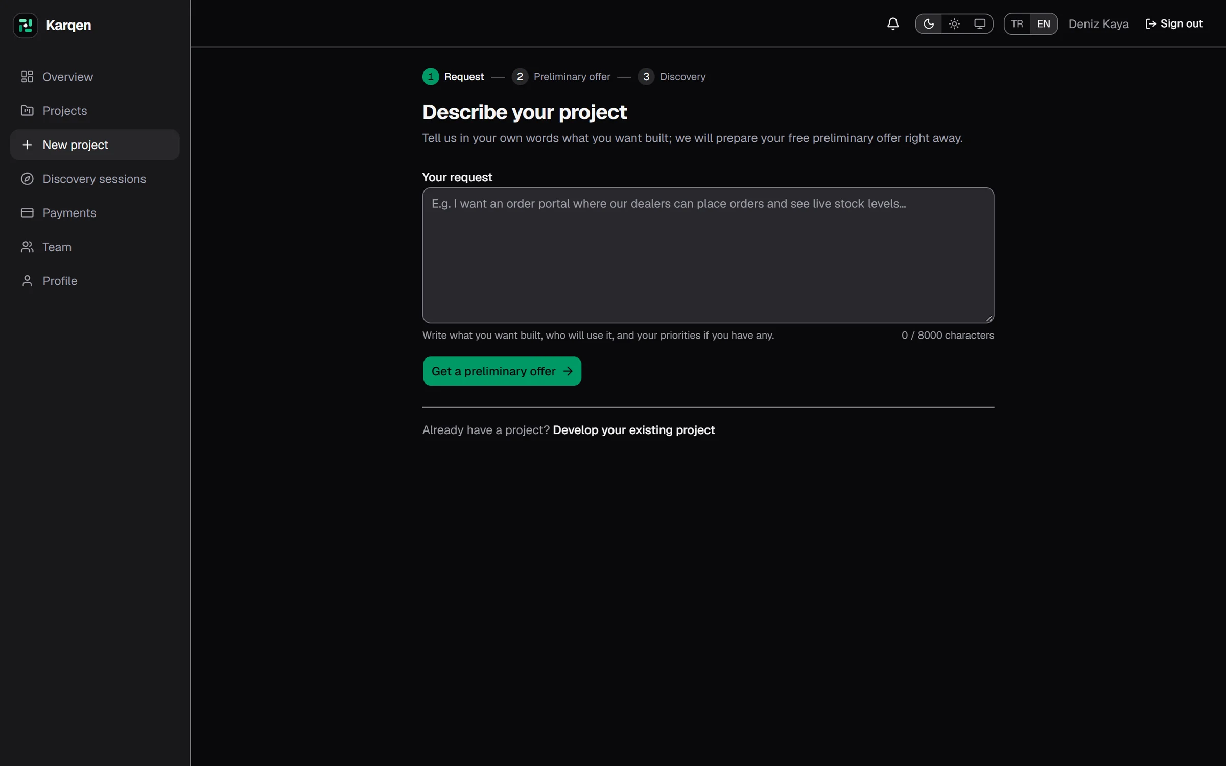 Karqen customer panel: the new project request screen